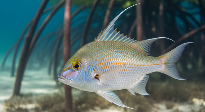 Sleek queenfish swimming through tropical underwater mangrove forest