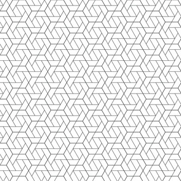 A seamless black and white geometric pattern of interconnected hexagons on a clean background