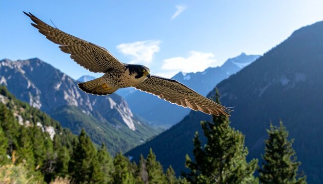 Falcon soaring over mountain landscape