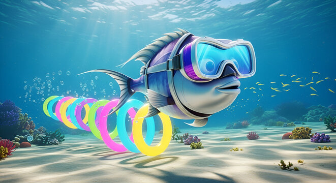 3D Cartoon Queenfish with Goggles Swimming Through Colorful Rings
