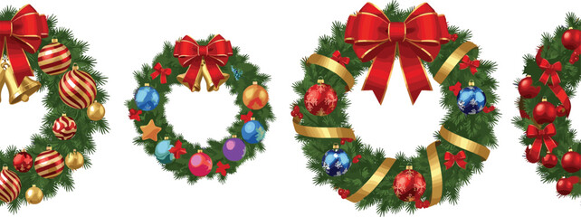 Festive Christmas Wreath Vector Set with Red Bows, Ornaments, and Holiday Decorations for Seasonal Greetings and Decor Design © Lipon