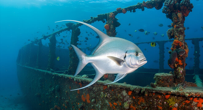 Majestic queenfish swimming past a sunken shipwreck underwater
