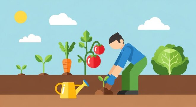 Gardening with Care: Planting Seeds in a Colorful Garden Scene