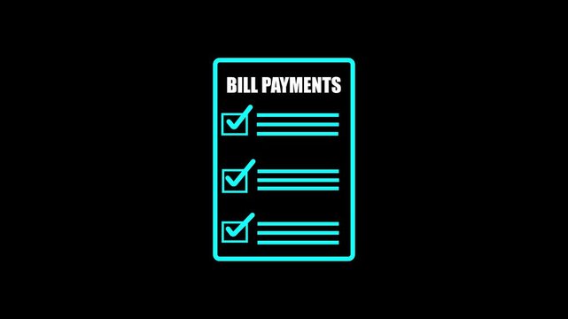Neon glowing bill payment chart illustration. Dollar payment symbol with document and check sign.4k video