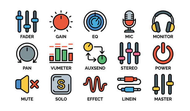 Colorful audio equipment icons for music production and sound management