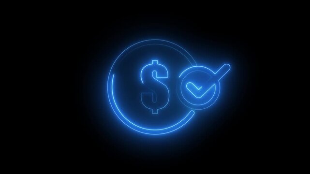 Neon glowing Paid icon vector set illustration. Dollar payment symbol with document and check sign.
