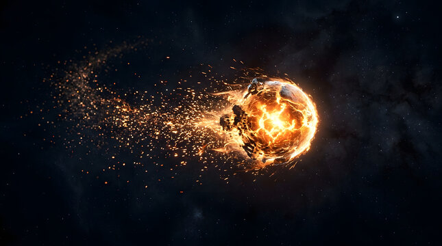 Celestial Collision: A fiery celestial body hurtles through the cosmos, leaving a blazing trail of destruction as it collides with a dark, unknown planet.