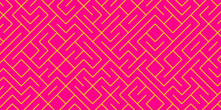 Geometric maze colorful seamless pattern. Brush drawn pink and yellow scribbles. Abstract maze geometric vector background. Irregular labyrinth pattern in bright colors. Hand drawn intricate banner.