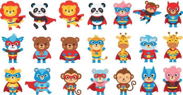 Superhero Animal Characters Vector Collection with Lion, Panda, Bear, Monkey, Giraffe, and More in Colorful Capes and Costumes for Kids' Designs