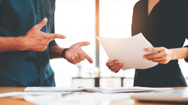 Conflict resolution communication teamwork professionals reviewing reports together resolve disagreement in a clean office environment no faces visible soft daylight minimal interior professional mood