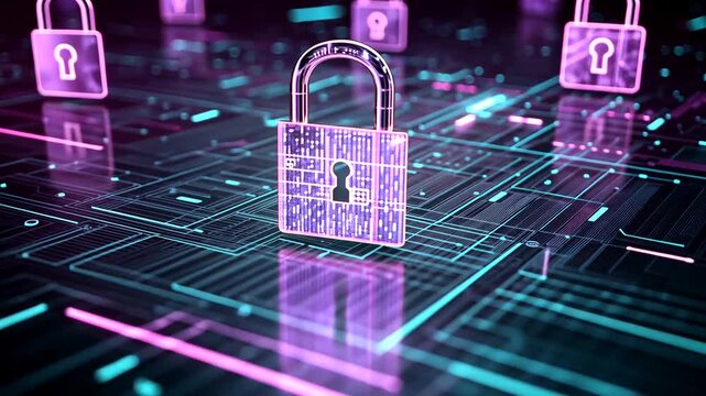 Glowing purple padlocks on a futuristic circuit board, symbolizing digital security