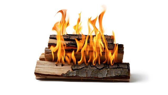 Roaring campfire with tall flames on logs on whiite background