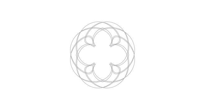 A symmetrical, gray, layered floral design on white. The pattern has a quatrefoil shape in the center