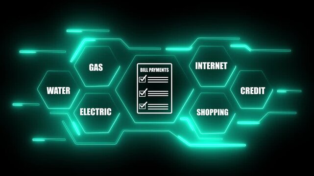 Neon glowing Paid bill payment vector set illustration. Dollar payment symbol with document and check sign.4k video