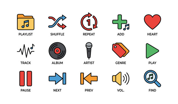 Colorful music app icons set with playlist shuffle and volume controls