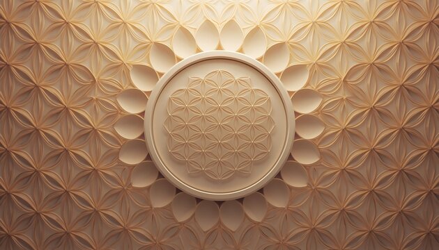 An elegant beige geometric floral pattern background featuring a central circular medallion with a sacred geometry design.