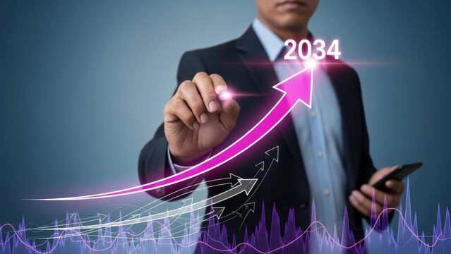 Businessman drawing a future growth chart aiming for success in 2034