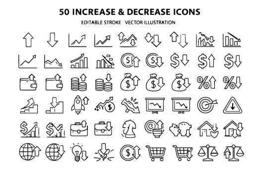 50 Increase and Decrease Icons Set &ndash; Growth, Profit Loss, Analytics, Business Trend Line Vector Icons