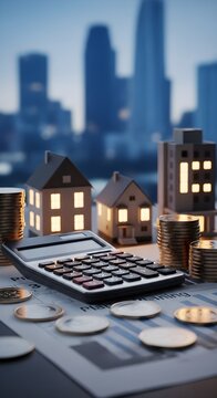 Real estate investment and property finance concept with calculator, miniature houses and coin stacks for mortgage planning, banking, wealth management, business investment and financial growth