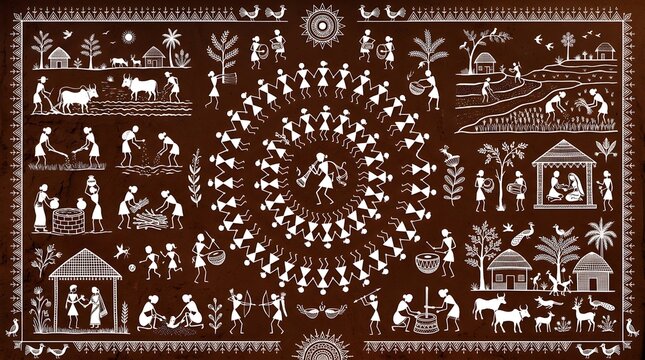 A traditional Indian Warli painting depicting various scenes of rural life and mythology in white on a brown background