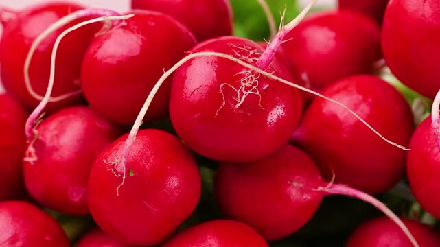 Vibrant Radish Harvest: A close-up shot of a bountiful harvest of fresh radishes, showcasing their vibrant red hues and crisp green leaves.