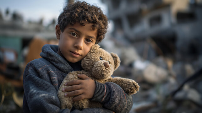 Child refugee clutching a stuffed toy amid bombed ruins and rubble in a raw photojournalism scene conveying war and despair