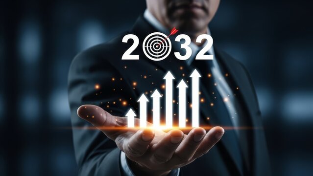 Businessman presents "2032" with a target and glowing upward arrows, symbolizing future objectives.
