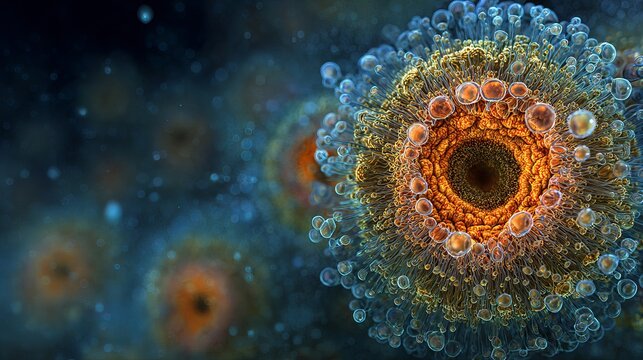 A microscopic view of a virus with a vibrant orange center and blue outer layer