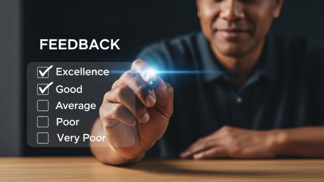 Man giving positive feedback by checking "good" and "excellence" on a digital survey.