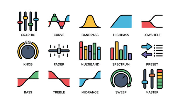 Audio equalizer icons: graphic, preset, frequency control symbols