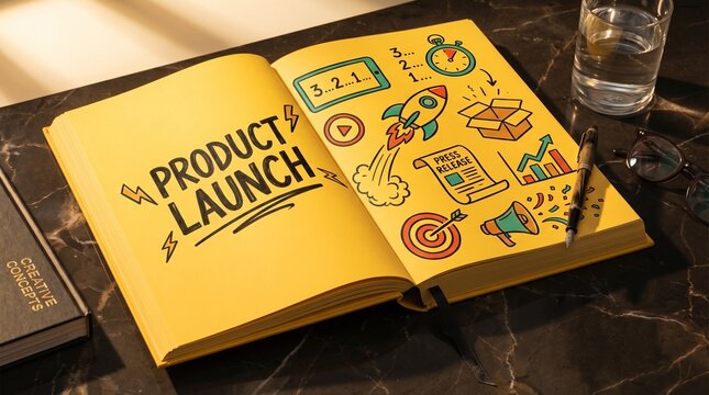 A yellow notebook with a product launch plan and various business icons on a marble desk