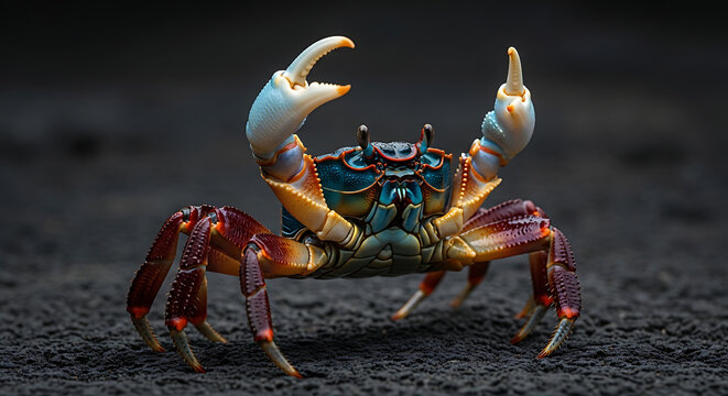 Colorful fiddler crab with raised claws on dark sand wild animal colorful