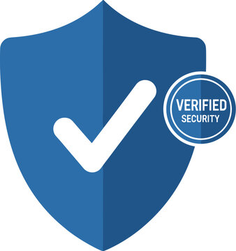 Security shield with verified security seal and checkmark for high level data protection and internet safety blue sign.