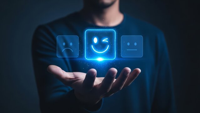 Person's hand holding a glowing happy face emoji in a feedback selection interface.