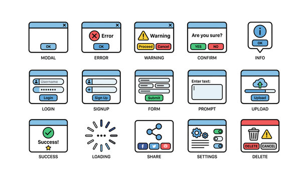 Colorful ui elements featuring error, warning, confirmation, and settings dialog boxes