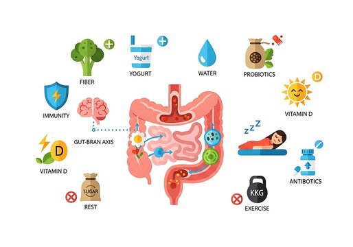 Colorful Illustration of Digestive System and Health Icons