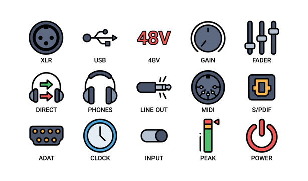 Audio equipment icons: connectors, controls, and indicators for professional sound systems