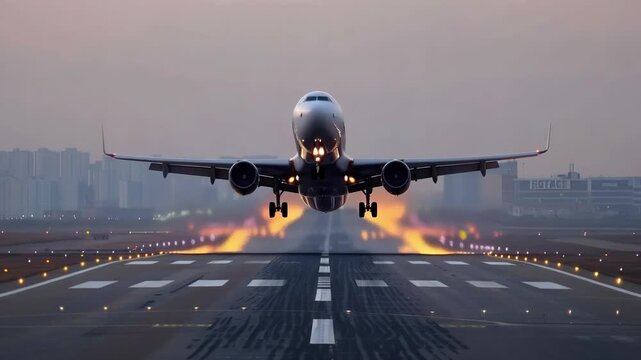 An aeroplane takes off down a lit runway against the backdrop of the city &ndash; a dynamic aviation-themed image perfect for travel, take-off or global connectivity.
