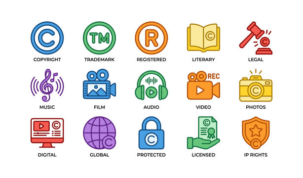 Colorful icons representing intellectual property and media concepts