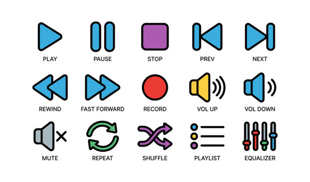Multimedia control icons including play, pause, rewind, shuffle, and equalizer