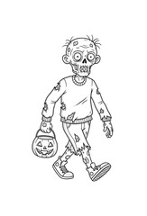 Fototapeta premium Zombie carrying a pumpkin jack o lantern for Halloween, black and white cartoon