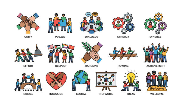 Illustrated concepts of unity, respect, and collaboration in a multicultural team