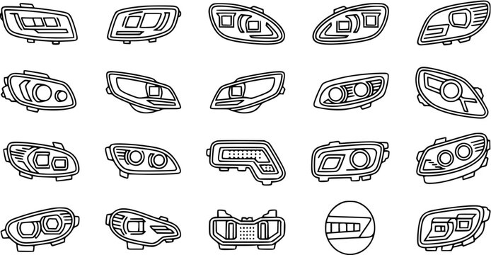 Automotive Headlights Line Art Icons Set. Outline Car Lights and Vehicle Lighting Fixtures Collection for Design and Repair.