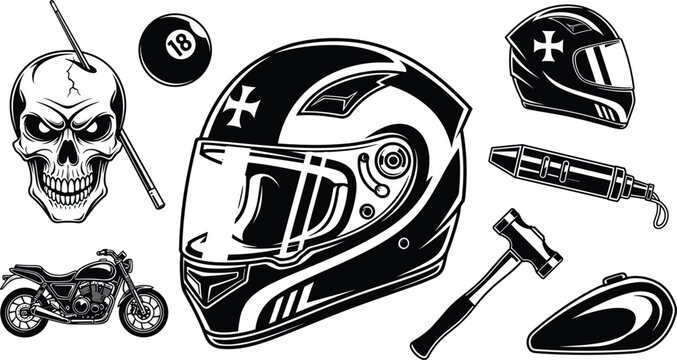 Big collection of detailed black and white biker vector illustrations including motorcycle helmets skull motorcycle pool ball and tools isolated on white background