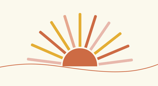 Minimalist boho sun rising over horizon line in earthy terracotta colors isolated on cream background for modern nursery wall art and lifestyle branding