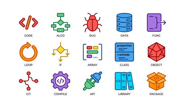 Colorful programming and software development icons set
