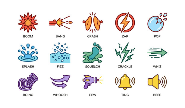 Colorful sound effect icons representing various onomatopoeic words in cartoon style