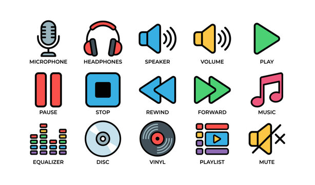 Colorful music and audio icons including microphone, headphones, speaker, and music notes
