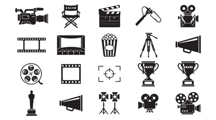 Fototapeta premium Flat lay collection of black film and cinema icons on Transparent Background for media production and entertainment