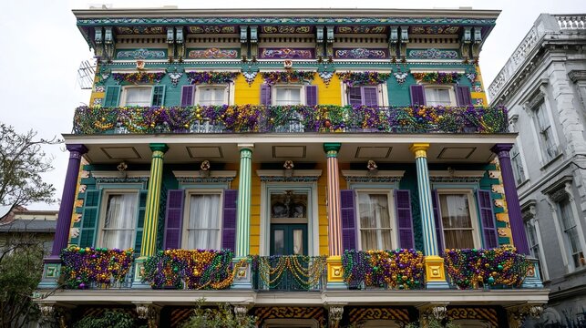 New Orleans building shows off Mardi Gras decorations.